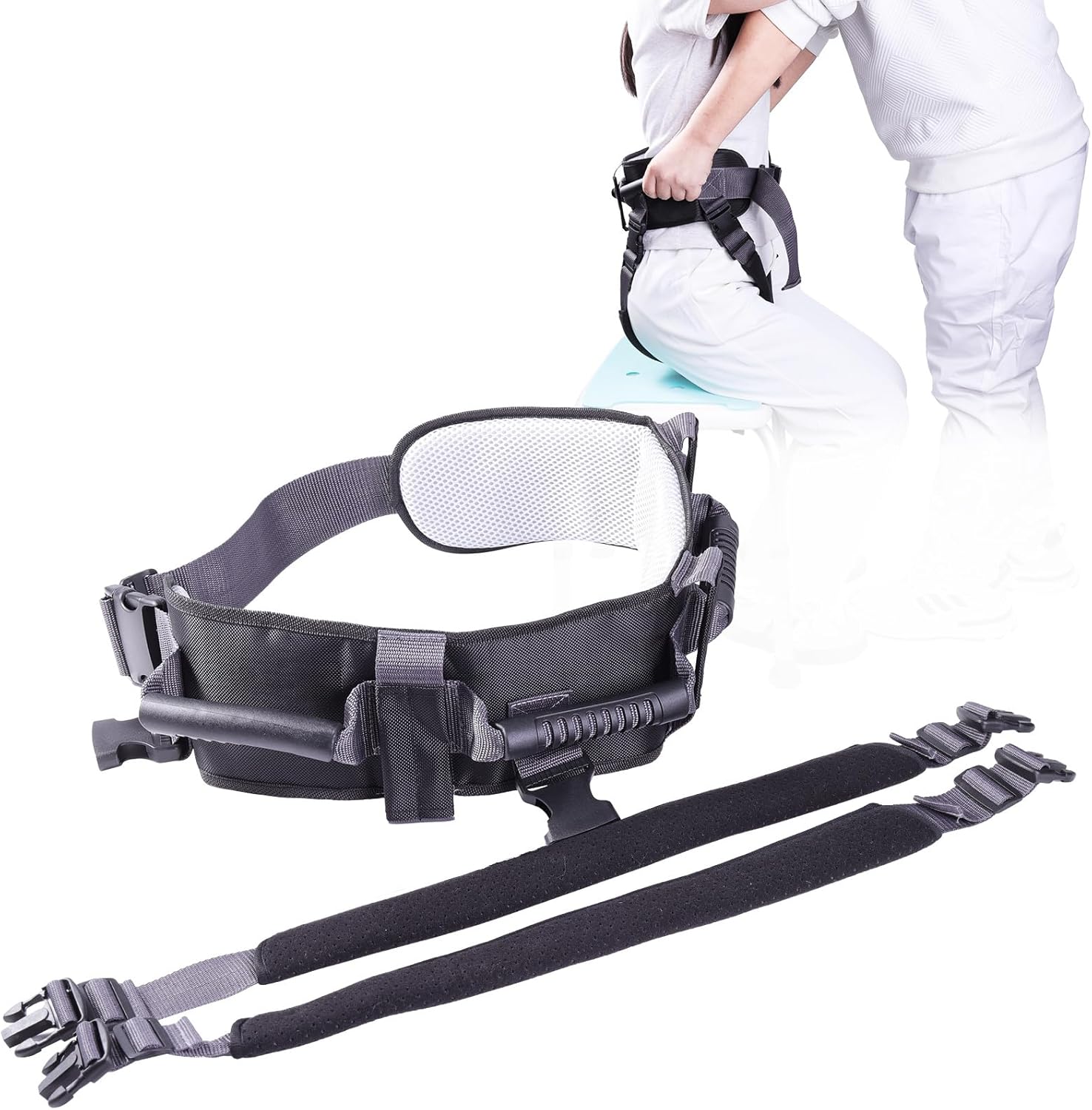 Gait Belt with 7-Pivot Handle - Lift Assist Technology Reduces Caregiver Strain 40%, Strap Quick Release Buckle，Detachable Thigh Belt (Black, M)