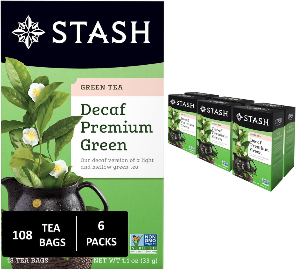 Stash Tea Decaf Premium Green Tea - Decaf, Non-GMO Project Verified Premium Tea with No Artificial Ingredients, 18 Count (Pack of 6) - 108 Bags Total