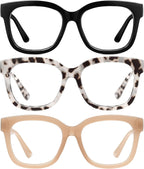 JM Reading Glasses for Women Oprah Style 3 Pack Square Oversized Readers with Spring Hinge Blue Light Blocking Ladies