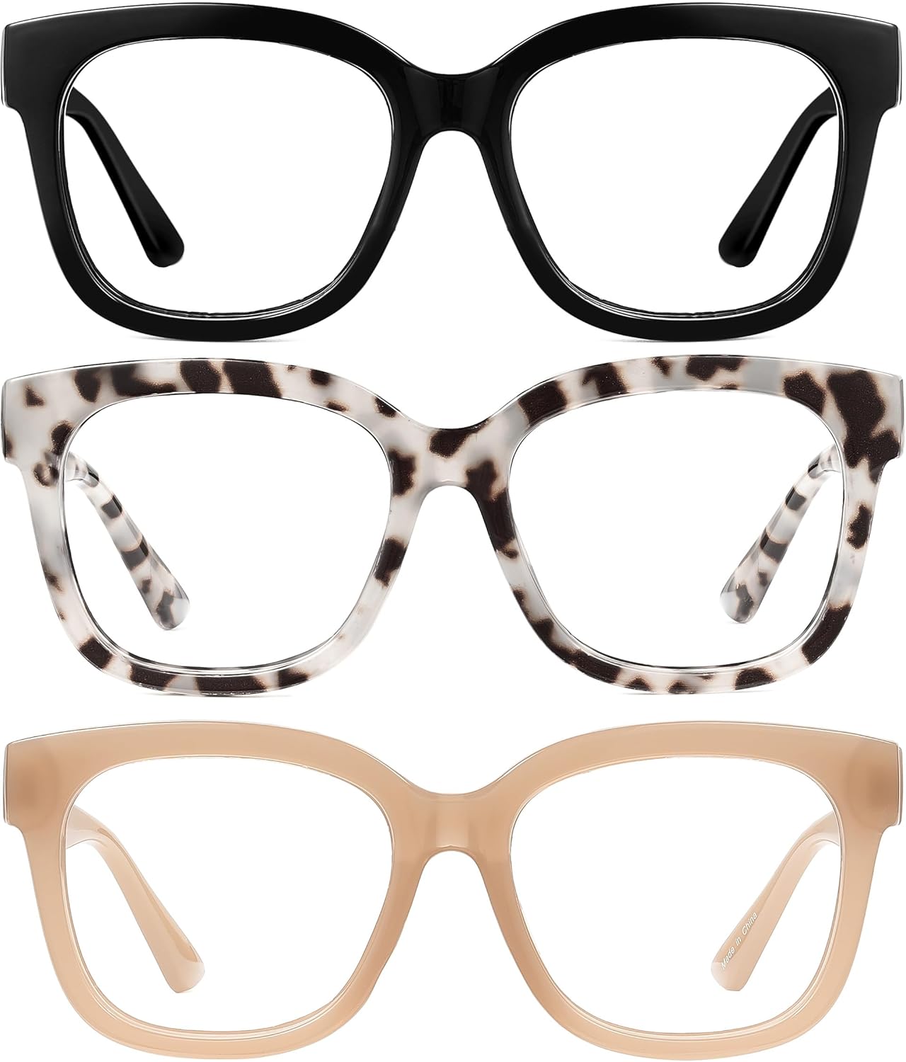 JM Reading Glasses for Women Oprah Style 3 Pack Square Oversized Readers with Spring Hinge Blue Light Blocking Ladies