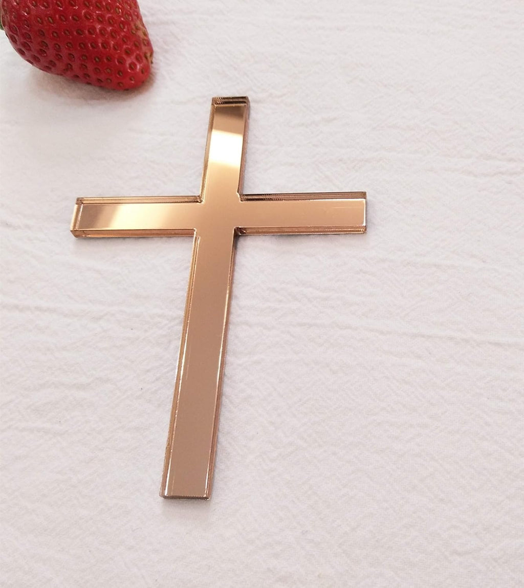 Cross Cake Decoration, Acrylic Cross Cake Charm Topper, Cake Decoration Acrylic Baptism Cross Cake Charm Religious Celebration (Rose Gold Mirror, 6inch)