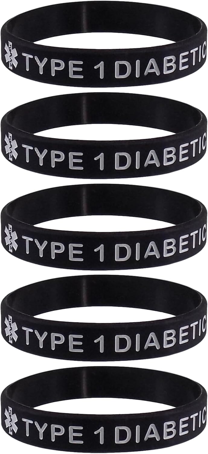 5 PACK TYPE 1 DIABETIC Medical Alert ID Silicone Bracelet Wristbands ADULT SIZE (8 Inches)