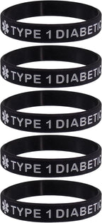 5 PACK TYPE 1 DIABETIC Medical Alert ID Silicone Bracelet Wristbands ADULT SIZE (8 Inches)
