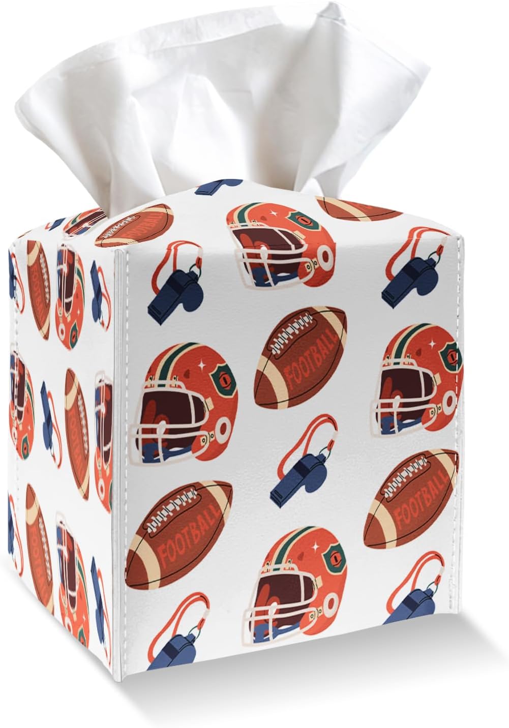 Tissue Box Cover Holder - Football Sports PU Leather Tissue Box Cover with Bottom Belt, Square Facial Paper Organizer for Tabletop, Bathroom, Kitchen, Car & Office -048
