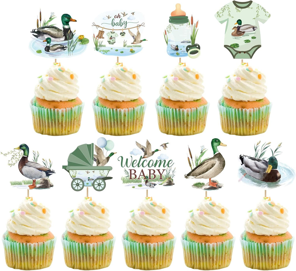 36Pcs Duck Hunting Cupcake Toppers - Mallard Duck Baby Shower Decorations with 6 Pattern Design, Oh Baby Theme Party Cake Topper Decor for Birthday Parties Favor