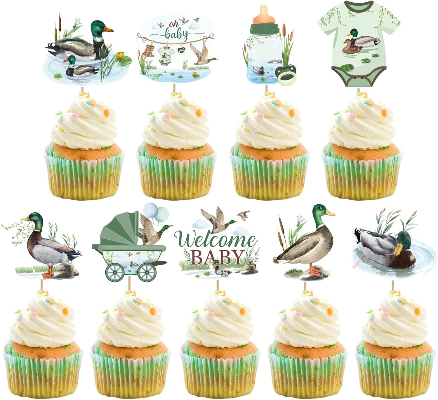 36Pcs Duck Hunting Cupcake Toppers - Mallard Duck Baby Shower Decorations with 6 Pattern Design, Oh Baby Theme Party Cake Topper Decor for Birthday Parties Favor