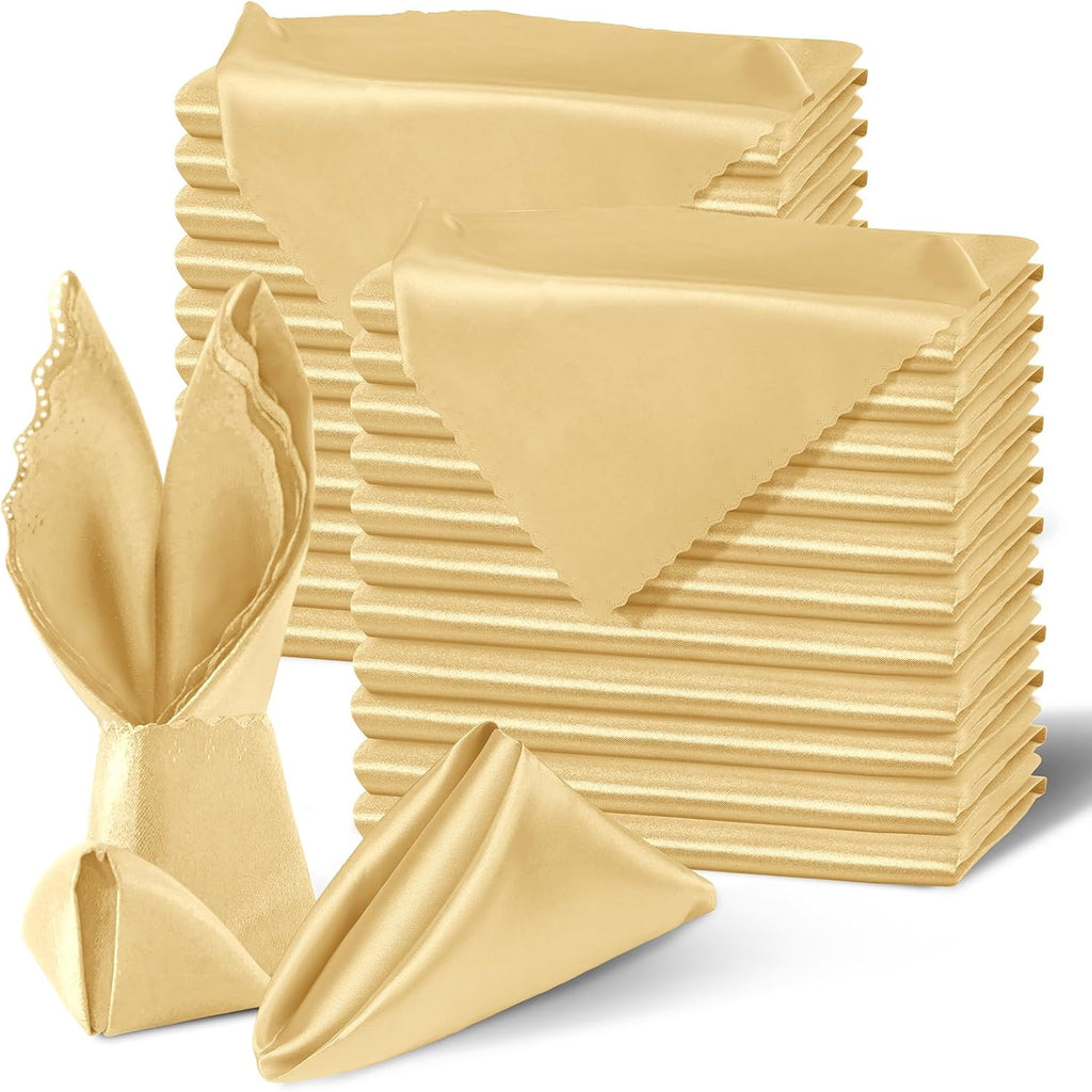 Homiest 100 Pack Gold Satin Dinner Napkins 20x20 Inches, Scalloped Square Silky Elegant Wedding Decor, Smooth Table Cloth for Restaurant Banquet Graduation Party