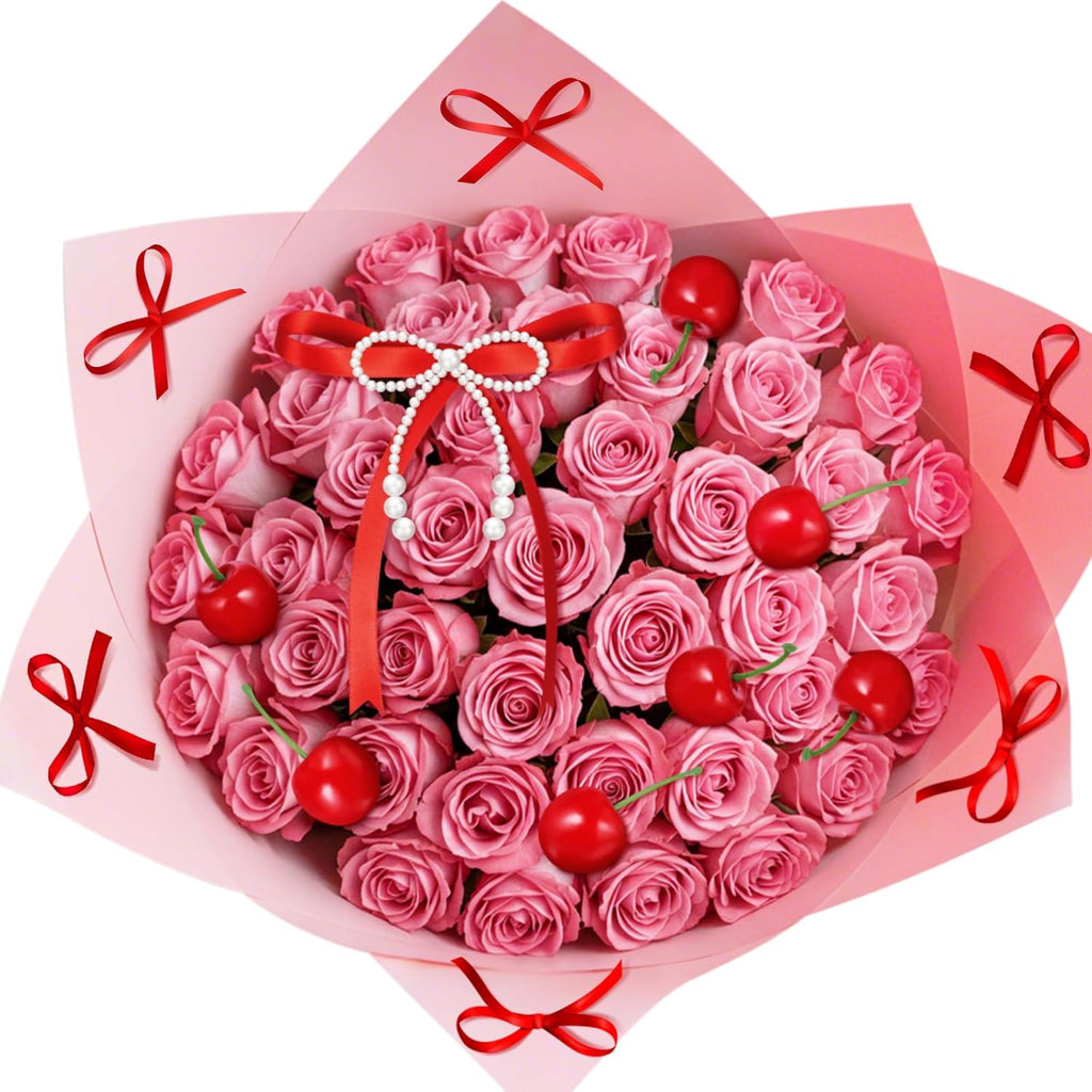 Chunful 30 Pcs Cherry Bouquet Decorations Valentine's Day Red Artificial Cherry Cake Decorations Pearl Bows for Bouquets Red Bow Cupcake Toppers for Birthday Flowers Wedding Party Decor