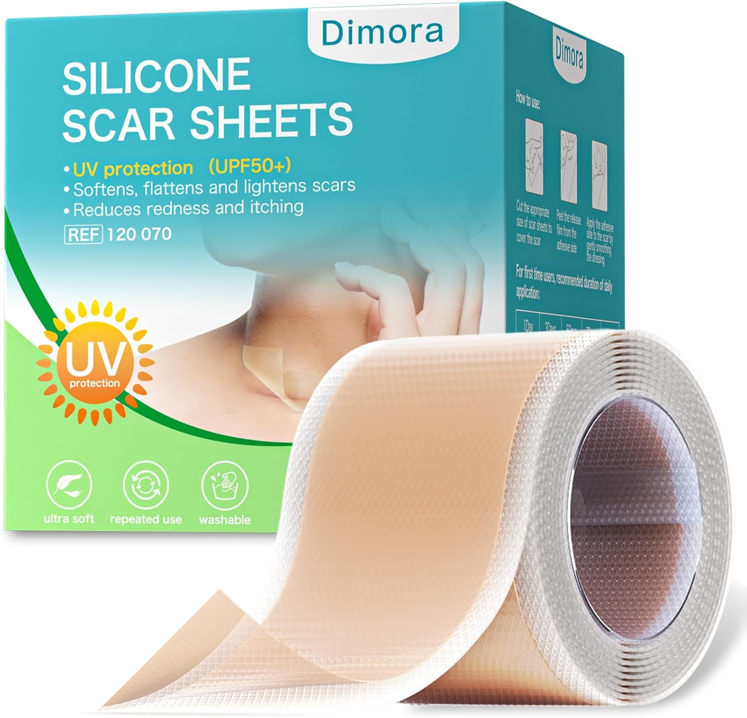 Dimora UPF50+ Silicone Scar Sheets with UV Protection Reusable Sheets to Soften, Flatten Fade Scars, Reduce Redness for Surgical, C-Section, Burn, Keloid, and Hypertrophic Scars (1.6”x78.7" Roll)