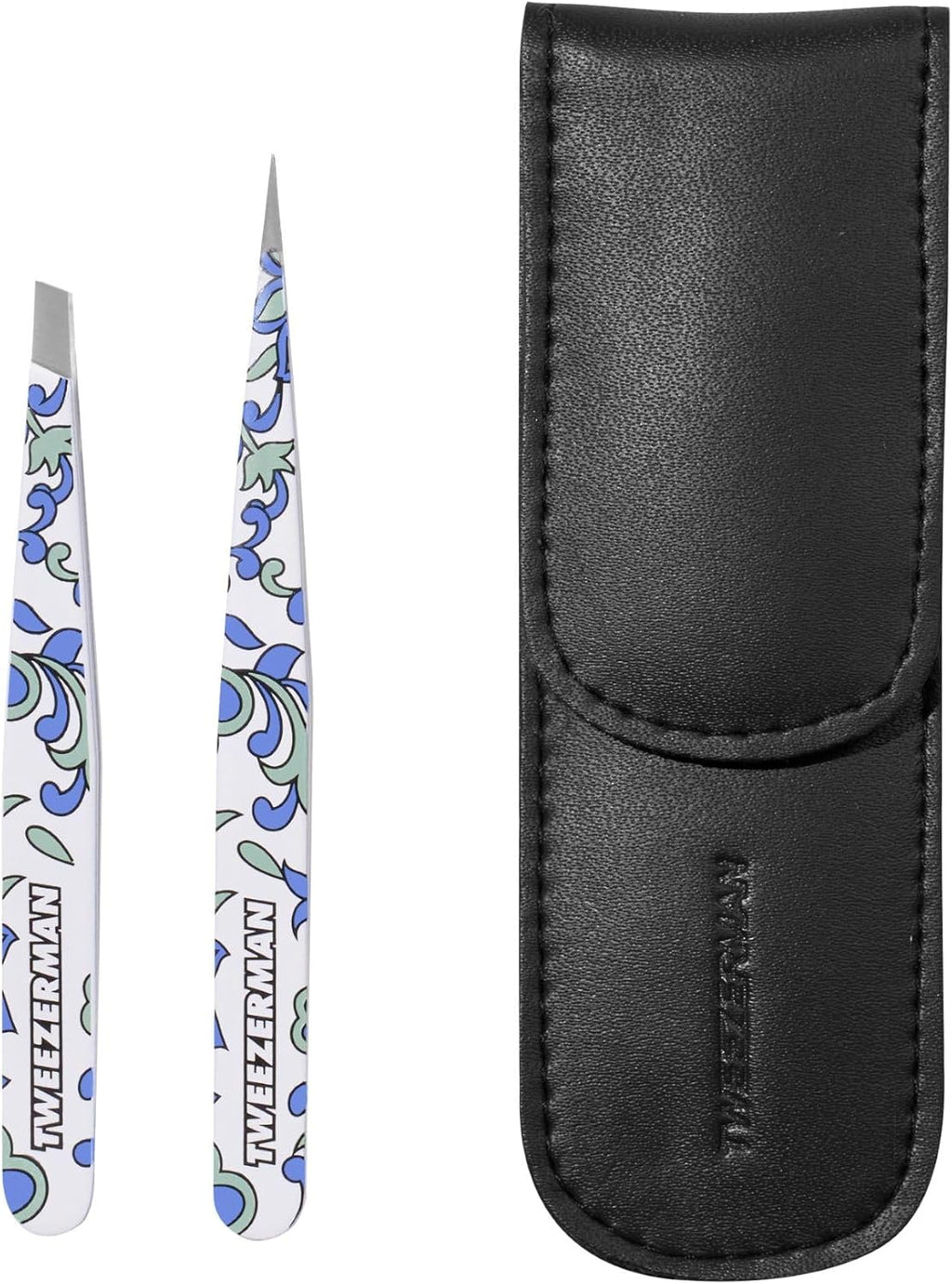 Tweezerman Paisley Petite Point and Slant Tweezer Set with Travel Case - Eyebrows for Women and Men