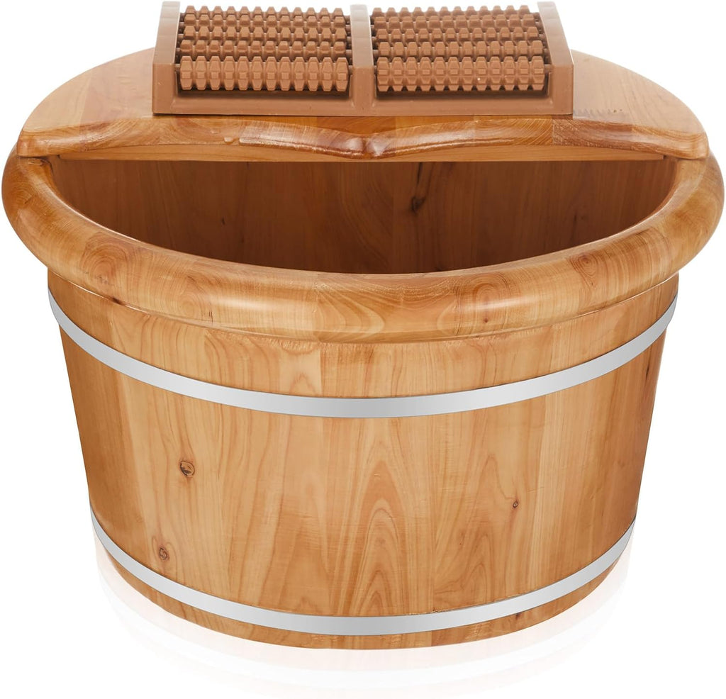 Geelin 10.24 Inch Tall Wooden Foot Bath Bucket with Massage Roller and Lid, Thick Insulated Wooden Foot Basin for Relaxation, Massage Soles, Suitable for Families, Athletes and Elderly (Wood)