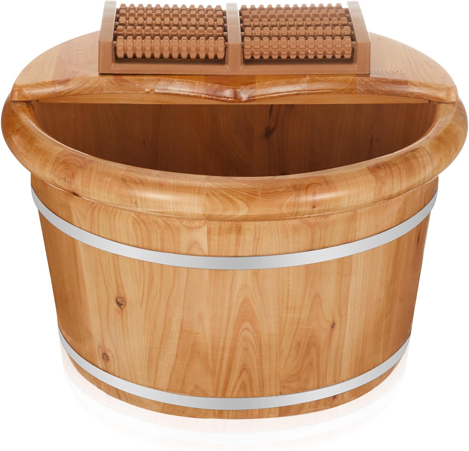 Geelin 10.24 Inch Tall Wooden Foot Bath Bucket with Massage Roller and Lid, Thick Insulated Wooden Foot Basin for Relaxation, Massage Soles, Suitable for Families, Athletes and Elderly (Wood)