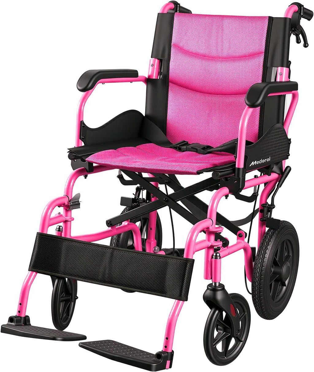 Lightweight Wheelchair for Adults, Transport Wheelchair Foldable Chair, Portable Ultra Light for Seniors, Elderly and Disabled (Magenta)