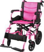 Lightweight Wheelchair for Adults, Transport Wheelchair Foldable Chair, Portable Ultra Light for Seniors, Elderly and Disabled (Magenta)