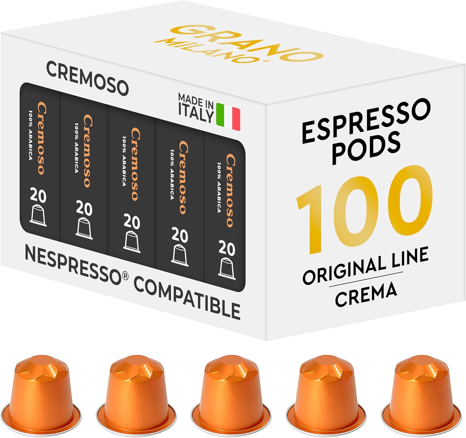 Grano Milano Cremoso Coffee Capsules - 100 Aluminum Coffee Pods Compatible with Nespresso Original line,100% Arabica Medium Roast - Intensity 8/12, Made in Italy
