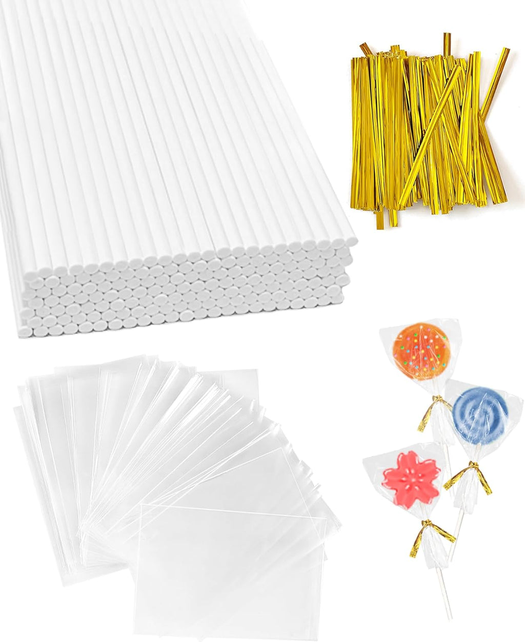 300Pcs Cake Pop Sticks and Wrappers, 6-inch 3.5mm Thick Paper Lollipop Sticks, CHELIZIYA Cakepop Packing Kit for Candy, Chocolate with 100 Sticks, 100 Traet Bags, 100 Twist Ties (Gold Ties)
