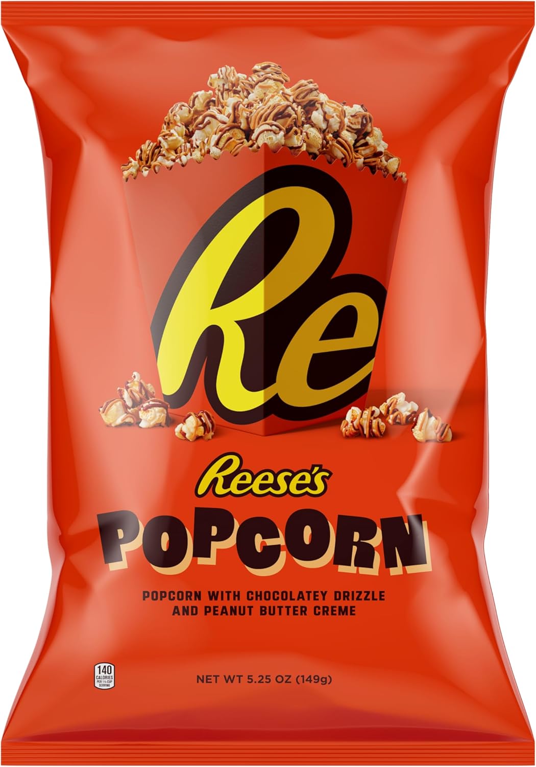 Reese's Popcorn, 5.25oz Grocery Sized Bag, Popcorn Drizzled in Reese's Peanut Butter and Chocolate, Ready to Eat, Savory Snack, Sweet and Salty
