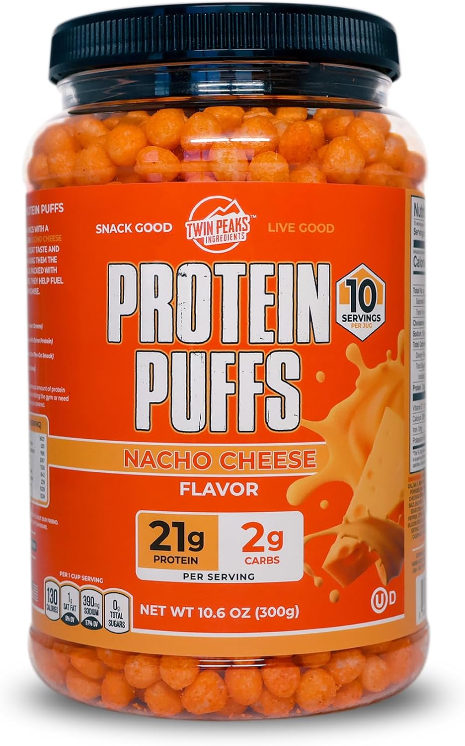 Twin Peaks Protein Puffs - (Nacho Cheese), Keto Friendly, Low Carb Snack (300g, 21g Protein, 2g Net Carbs, High Protein, Healthy Crunchy Snack).