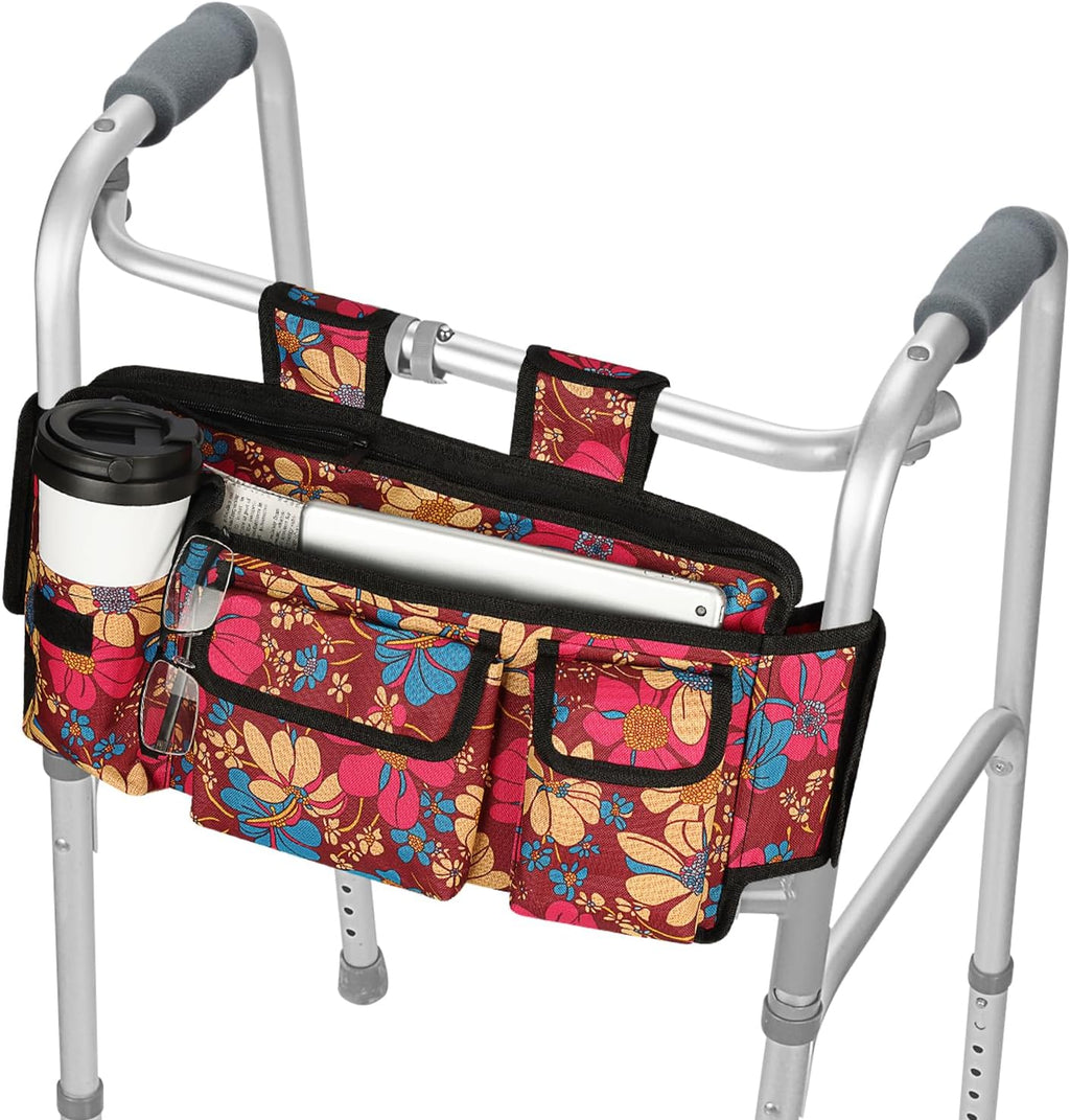supregear Walker Bag, Folding Walker Basket Organizer Pouch Tote with Multiple Pockets and Zippered Compartment for Walker Rollator Scooters Wheelchair, Hook & Loop Design Storage Bag (Floral)