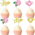 12 PCS Tea Party Cupcake Toppers, Teapot and Floral Theme Cake Decor for Afternoon Tea, Baby Showers, or Garden Themed Parties