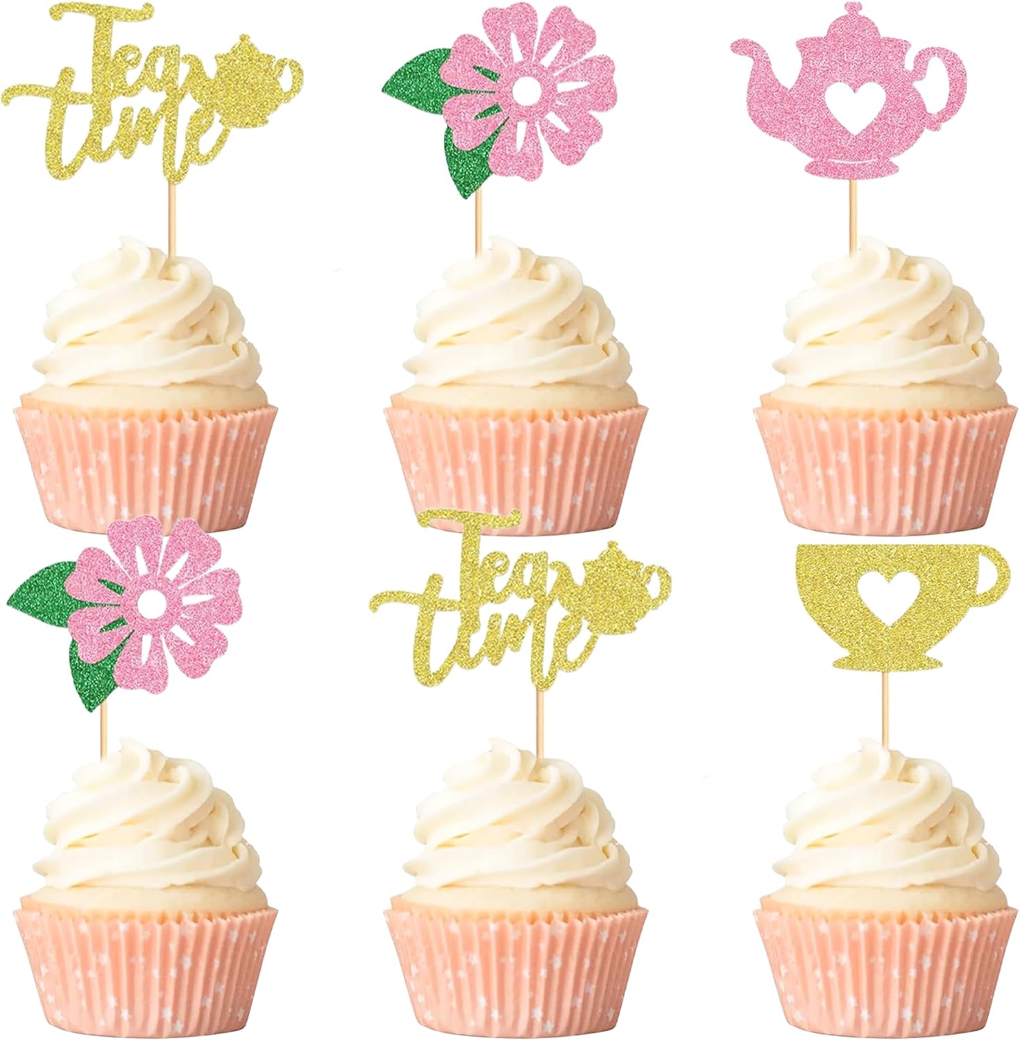 12 PCS Tea Party Cupcake Toppers, Teapot and Floral Theme Cake Decor for Afternoon Tea, Baby Showers, or Garden Themed Parties