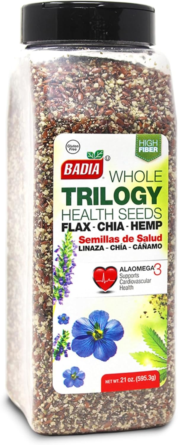 Badia Trilogy Health Seed, Flax, Chia, Hemp Seeds Blend, High Fiber Superfood Mix, Omega-3, 21 oz