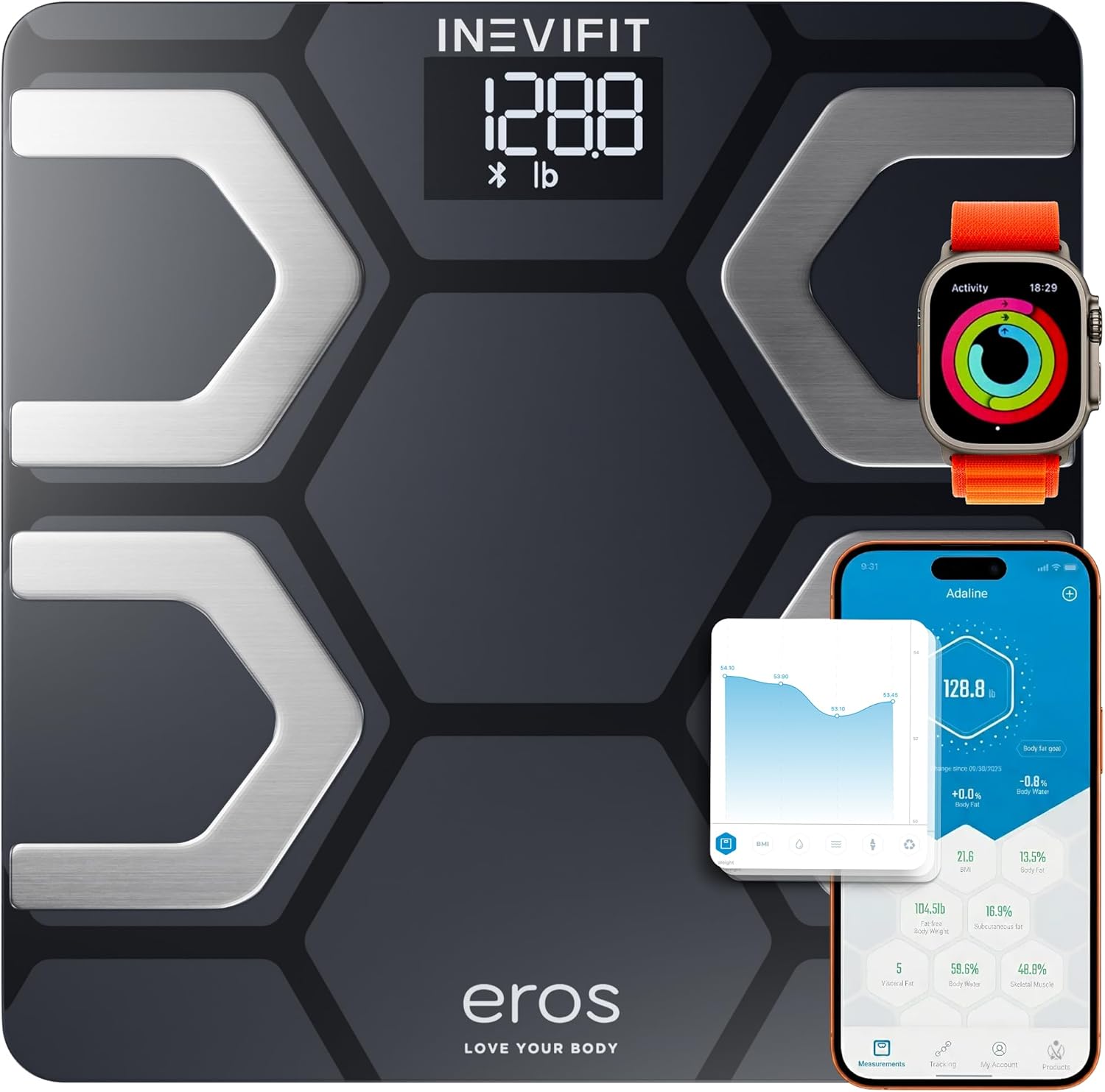 INEVIFIT EROS Bluetooth Body Fat Scale Smart BMI Highly Accurate Digital Bathroom Body Composition Analyzer with Wireless Smartphone APP 400 lbs 11.8 x 11.8 inch (Black)