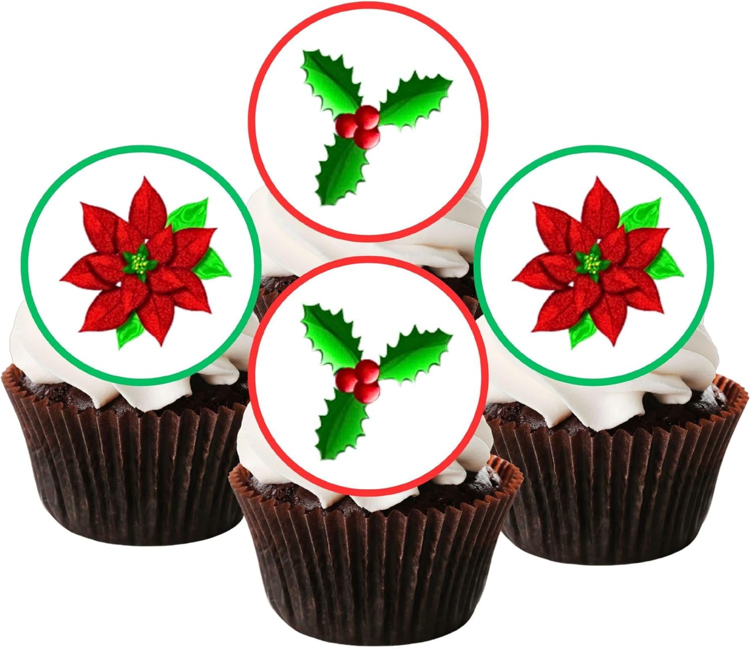 Poinsettia and Holly Edible Cupcake Toppers, Christmas Cookie Decorations, Festive Wafer Card Christmas Cake Topper, Friendsmas Decorations - 12 x 4.5cm / 1.77 inch PRECUT