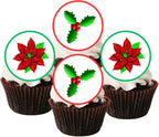 Poinsettia Holly Edible Cupcake Toppers, Christmas Cake Decorations, Christmas Cake Topper, Xmas Poinsettia Cupcake & Cookie Decor, PRECUT 24 x 4cm / 1.5cm Wafer Discs