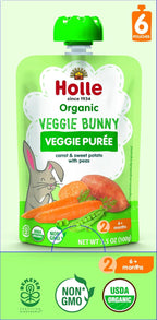 Holle Organic Baby Food Pouches - Veggie Bunny Baby Puree with Carrots, Peas and Sweet Potato - (12 Pack) Organic Baby Snacks + Fruit and Veggie Pouches for Weaning Babies 6 Months and Older