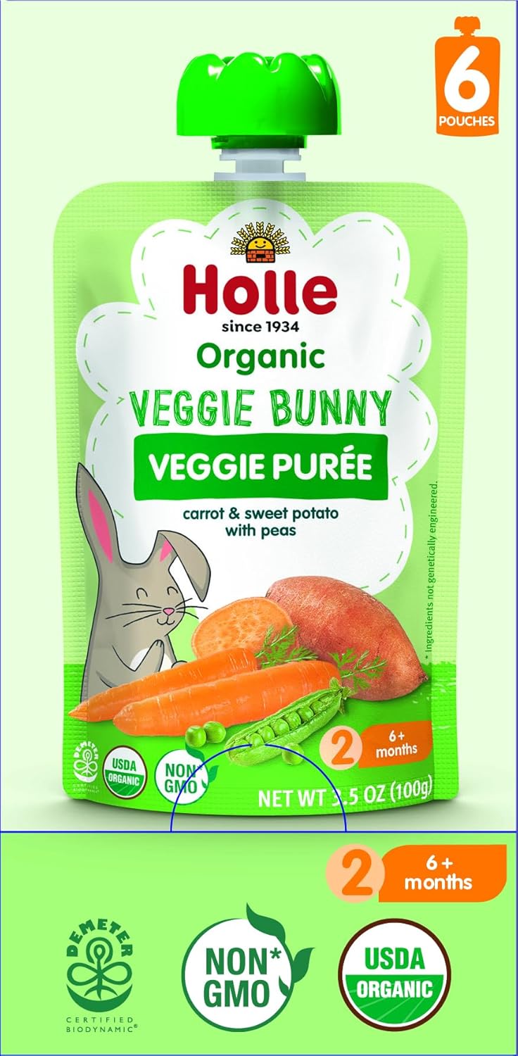 Holle Organic Baby Food Pouches - Veggie Bunny Baby Puree with Carrots, Peas and Sweet Potato - (12 Pack) Organic Baby Snacks + Fruit and Veggie Pouches for Weaning Babies 6 Months and Older