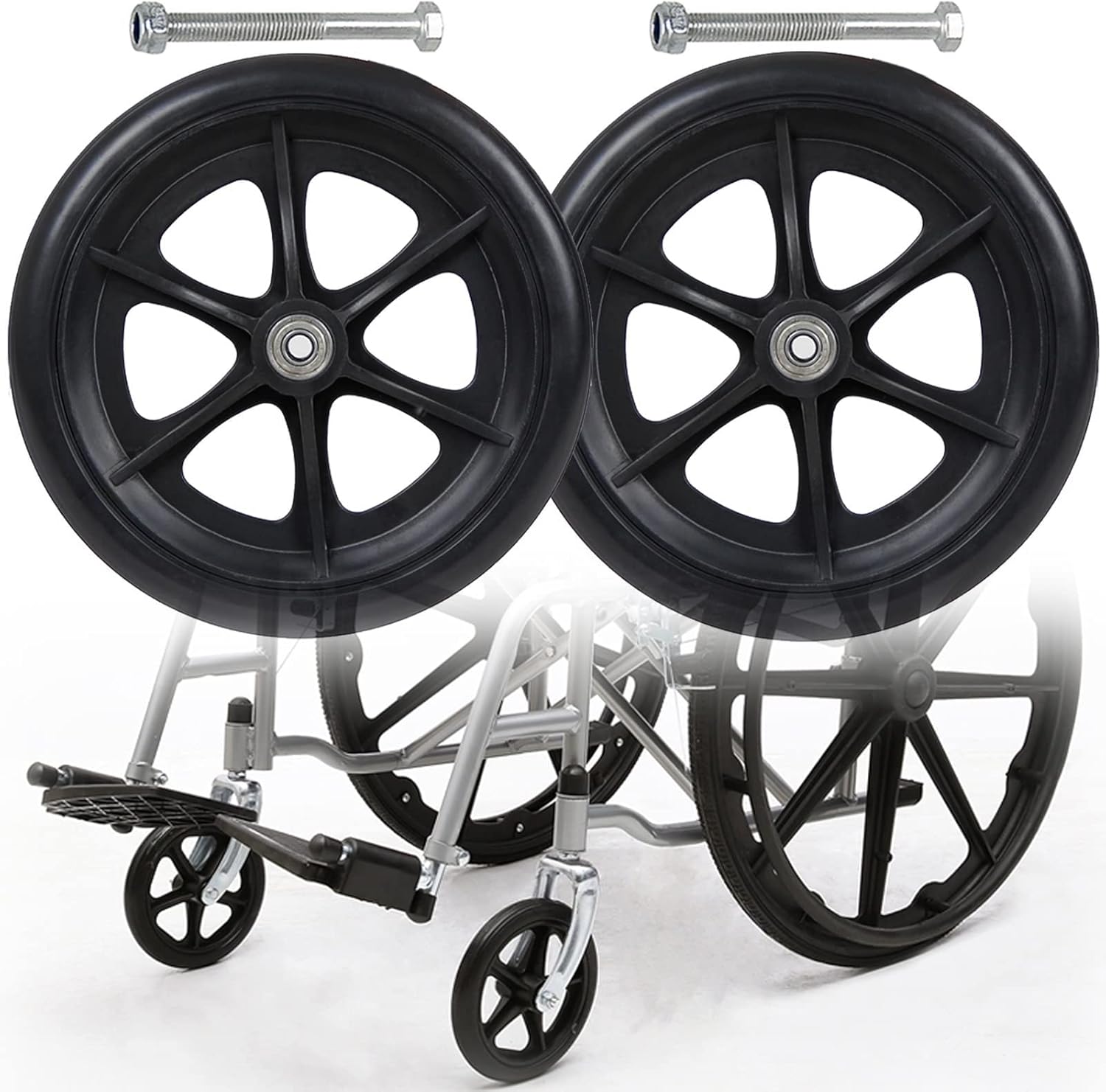 LIGUOYI Front Wheelchair Wheel Replacement, 2 Pcs Solid Rubber Tire, 6" 7" 8" Bold Wheelchair Caster Wheels, 5/16" Axle 120 Kg Load Capacity, Black Grey, Easy to Install, for Handicapped Wheelchairs