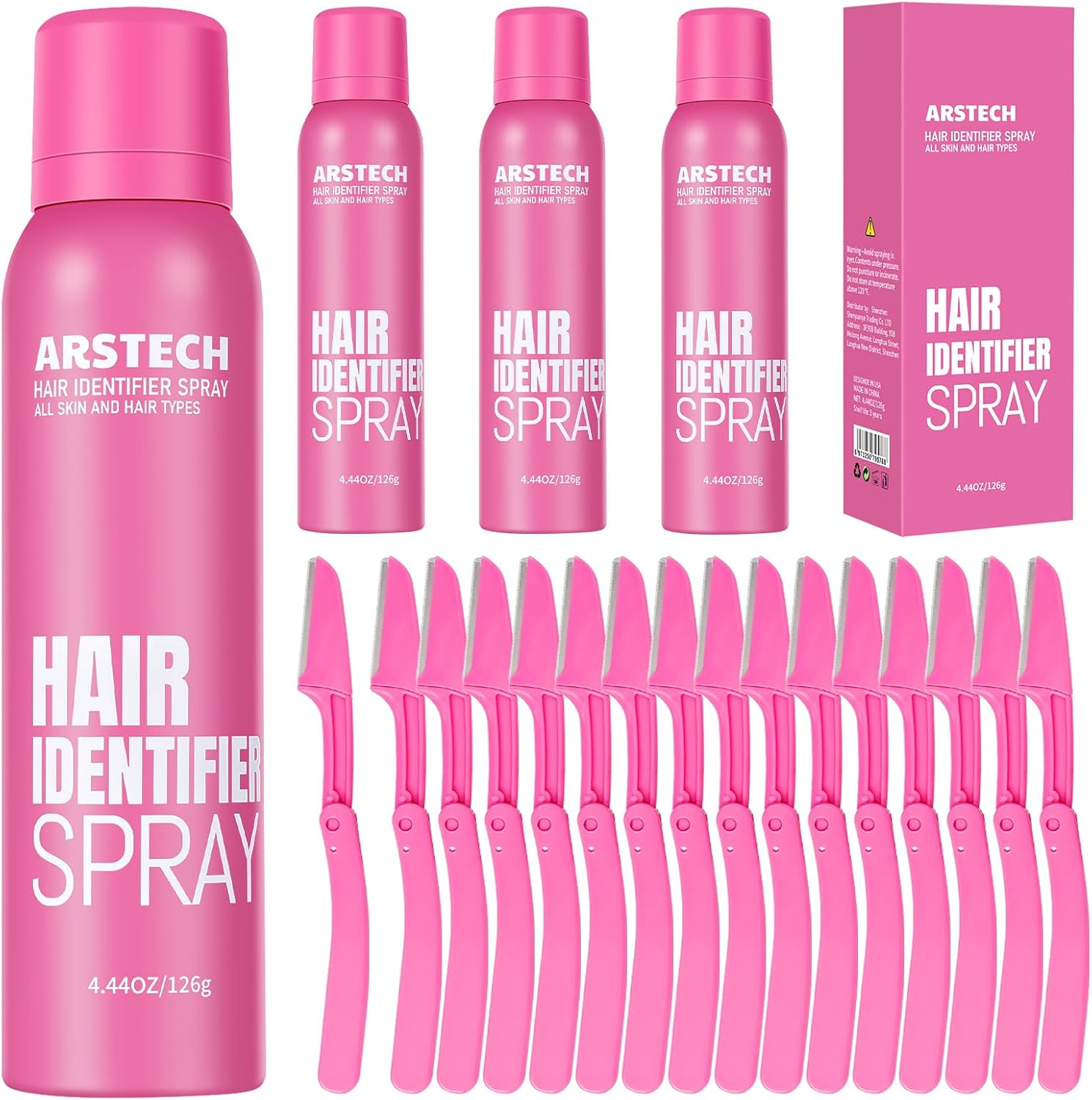 Hair Identifier Spray for Face Shaving Dermaplaning Tool 4 Pack Skin Body Dermaplaning Spray for Women with 16 Face Razor for Face Shaver Hair Removal Kit Excess Hair Dermaplane Razor for Women Face