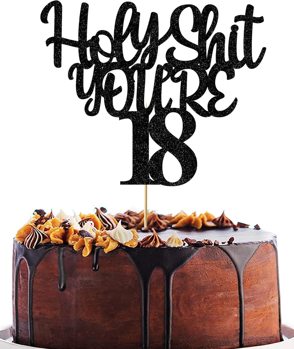 Holy Shit You’re 18 Cake Topper 18th Birthday Cake Toppers Decorations for Boys Girls Glitter Black Doubled Sided Funny 18th Happy Birthday Decorations Cheers to 18 Years Party Supplies
