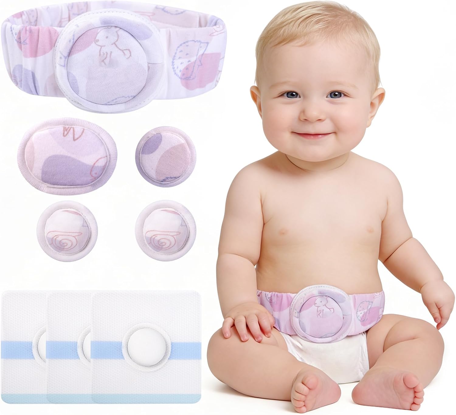 Baby Umbilical Hernia Belt, Baby Belly Band Kit with 4 Compression Pads & 3 Navel Patches, Newborn Belly Button Band, Infant Abdominal Binder, Umbilical Cord Cover for Newborn
