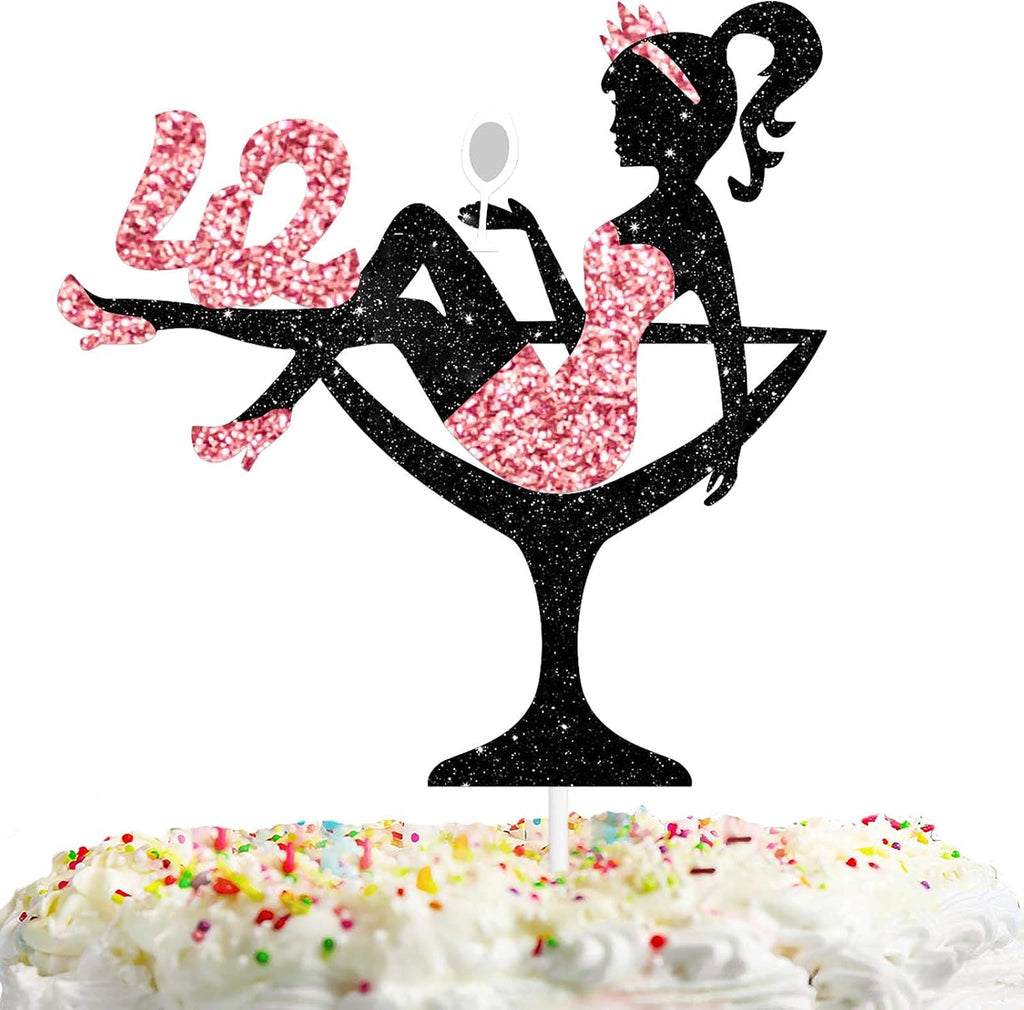 Sitting Silhouette Cake Topper Picks - Lady 42nd Birthday Makeup Spa Theme Party Decoration Supplies - 42 High Heeled Girl Cake Decor - Rose Gold Glitter