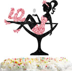Sitting Silhouette Cake Topper Picks - Lady 42nd Birthday Makeup Spa Theme Party Decoration Supplies - 42 High Heeled Girl Cake Decor - Rose Gold Glitter