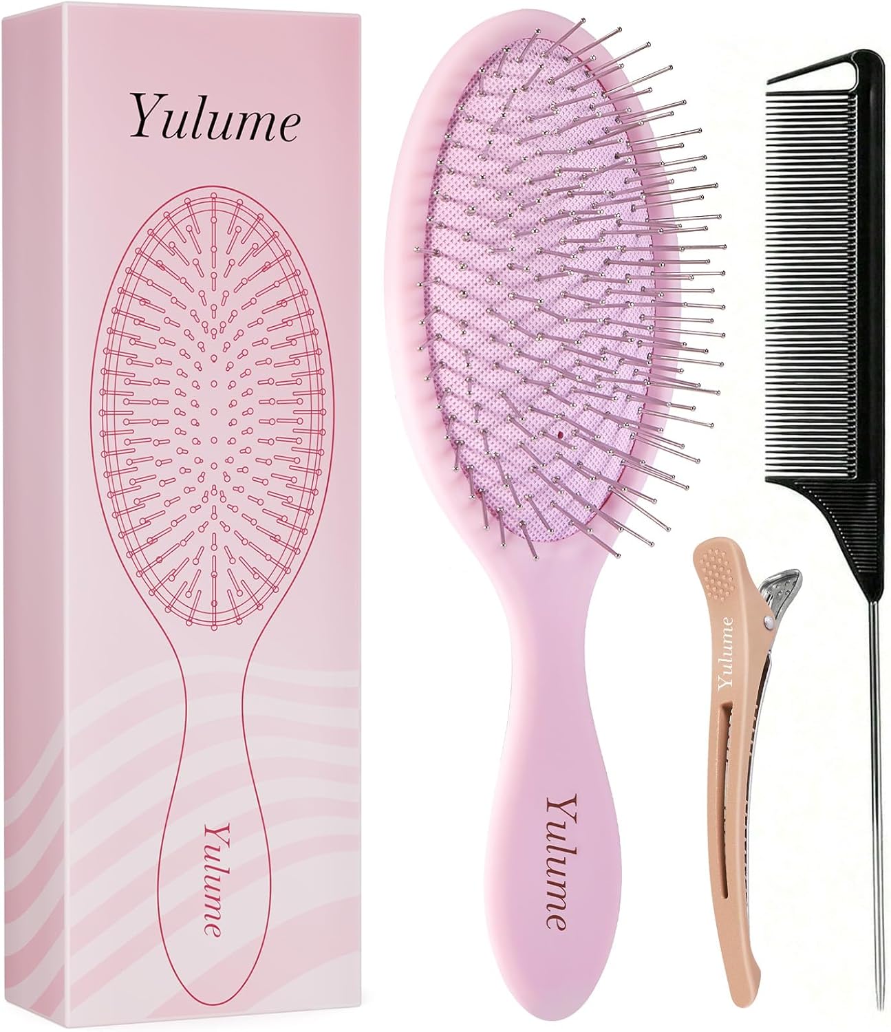 Air Cushion Paddle Brush, Steel Pins Scalp Massager, Pain-Free Detangling Brush for Curly, Thick Hair, Wet & Dry Use, Anti-Static, with Tail Comb & Non-Slip Clip, Pink 1Pc