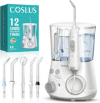 COSLUS E2 Advanced Water Flosser for Teeth: 2 Modes & 12 Pressure Settings Electric Dental Pick for Orthodontic, Braces, Sensitive Gums - Home Use, 5 Jet Tips for Multiple Users, Family, White