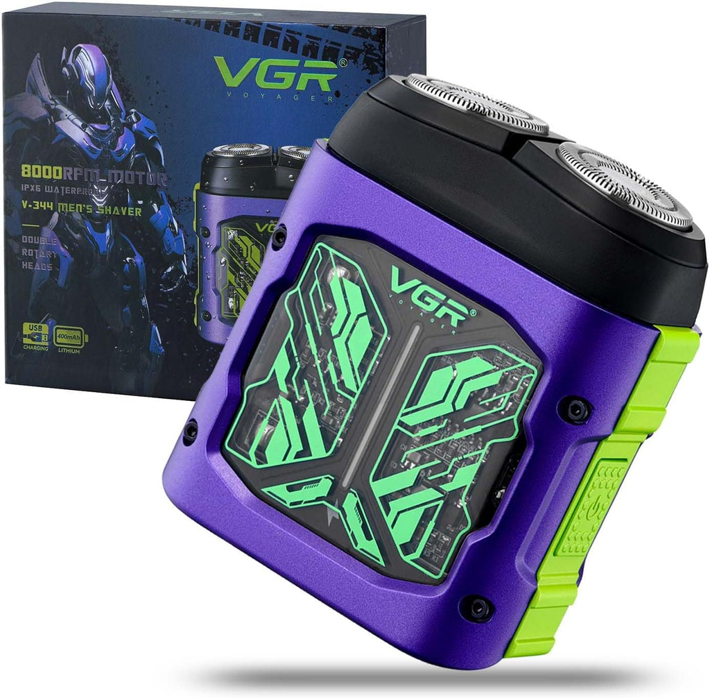 VGR 344 Mini Electric Shaver - USB Rechargeable Dual-Ring Rotary Razor, Portable IPX6 Wet/Dry Waterproof Face Shavers for Men, 8000 RPM Travel Electric Razor with Magnetic Cutter, Purple