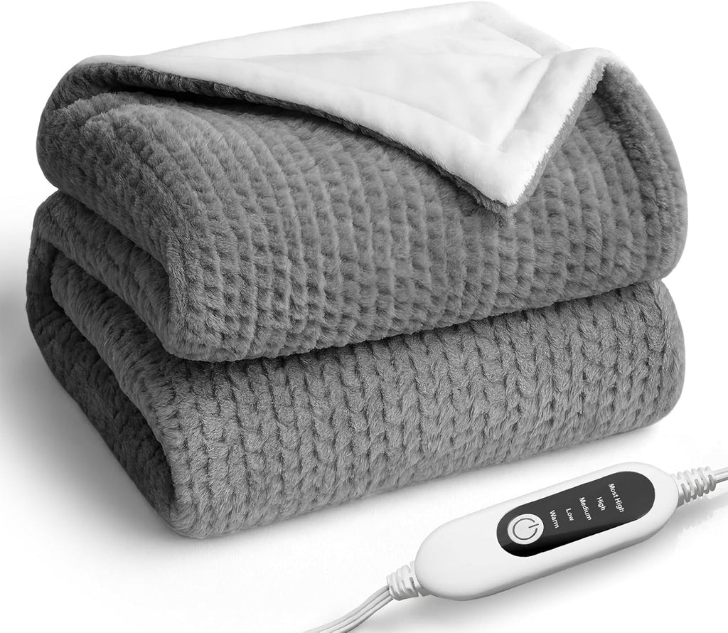 Heated Blanket Electric Blanket,Cozy Faux Rabbit Fur & Soft Flannel Warm Heater Throw Blanket with 5 Fast Heating Levels &10Hours Auto-Off Over-Heat Protection，50" x 60" (Grey)