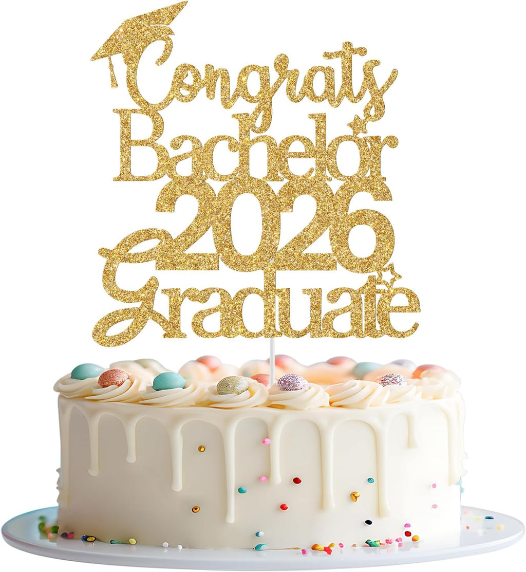 Congrats Bachelor 2026 Graduate Cake Topper, Congrats Bachelor Grad Decor, Class of 2026 Bachelor Degree Graduation Party Decorations Gold Glitter