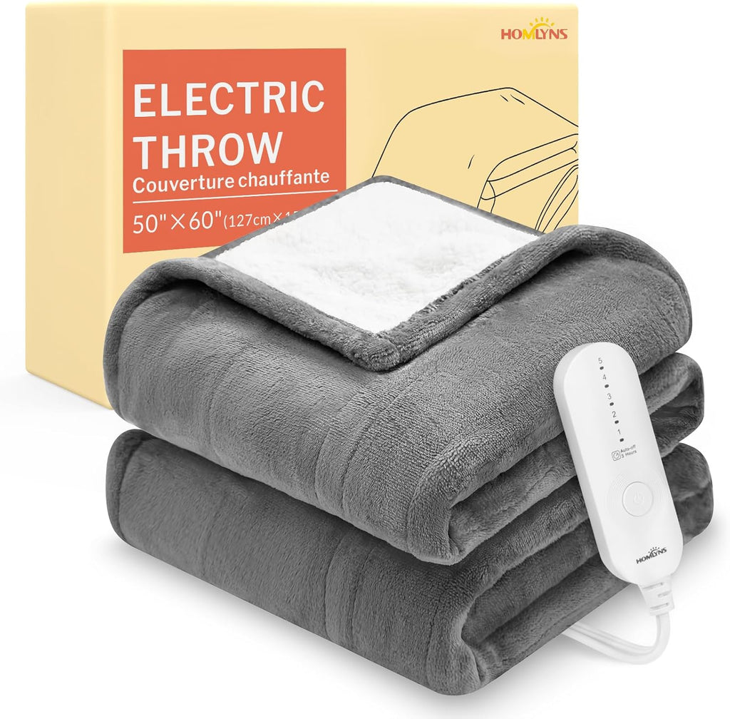 HOMLYNS LuxeHeat Heated Blanket Electric Blanket, Soft Flannel Sherpa Heated Throw, Heating Blanket with 5 Heat Settings, 3 hrs Timer Auto Shut Off (50x60 inches, Grey), Only for 120V Voltage Use