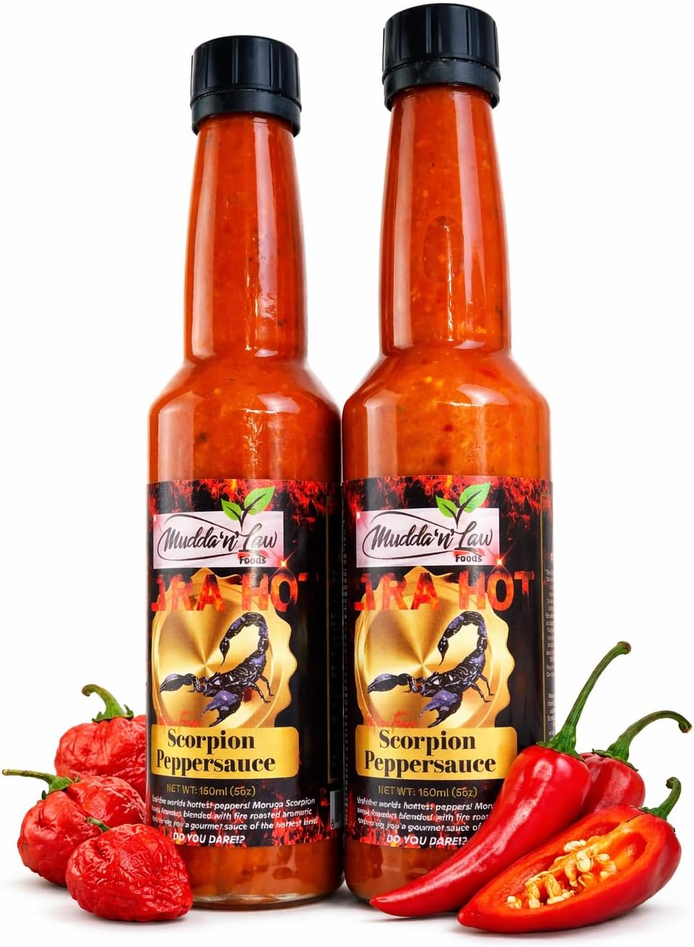 Mudda n' Law Extreme Heat Pepper Sauce (2-Pack) – Authentic Trinidad Scorpion & Carolina Reaper Blend, Caribbean Super Hot Fusion – All Natural & Gluten-Free (5 oz)