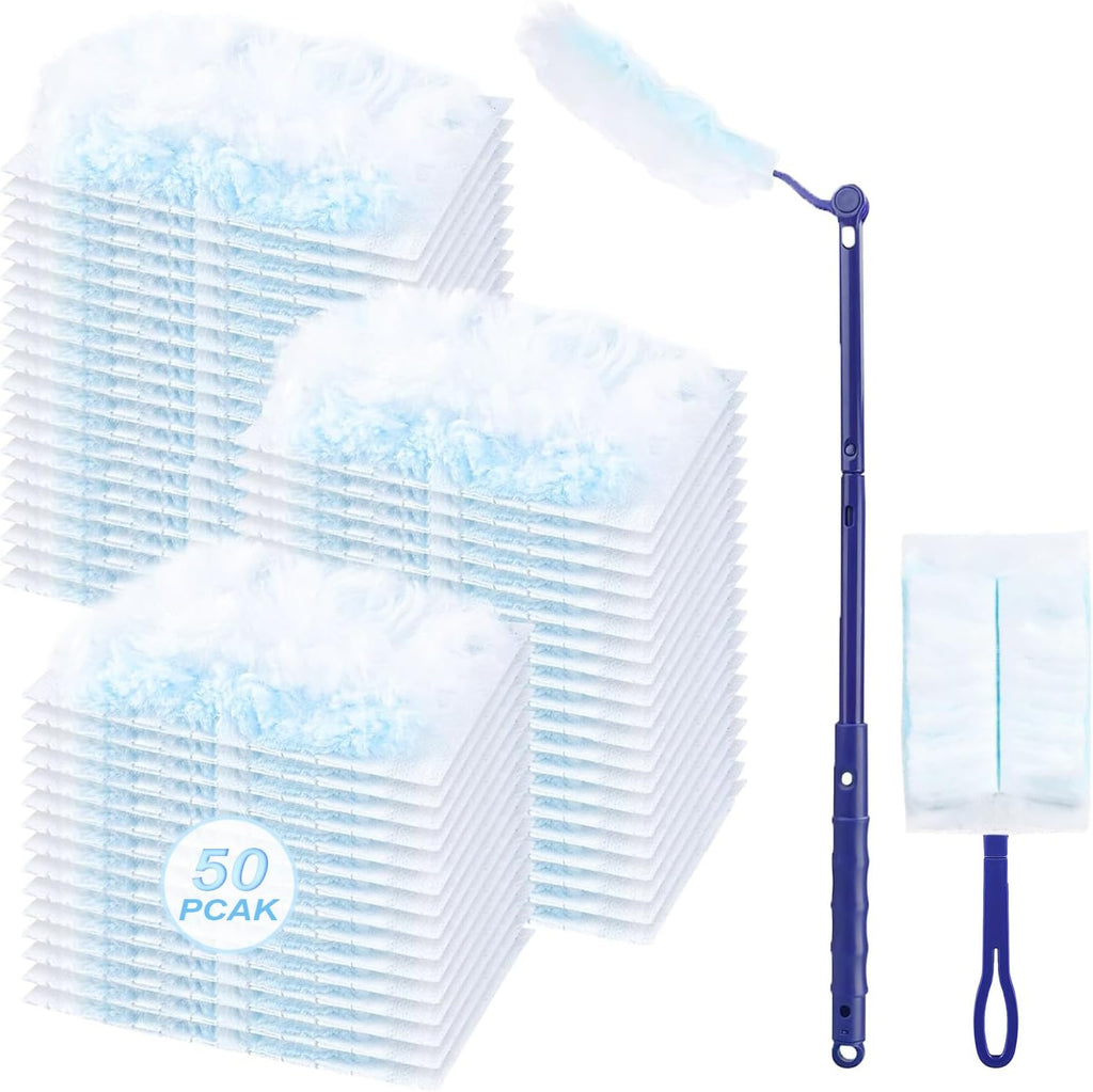 50 Count Duster Refills Kit for Swiffe Duster, One-Sided Electrostatic Duster with 2 Handles, Heavy Duty Dusters Refills Replacement for Cleaning Home, Blinds, Fans, Corners