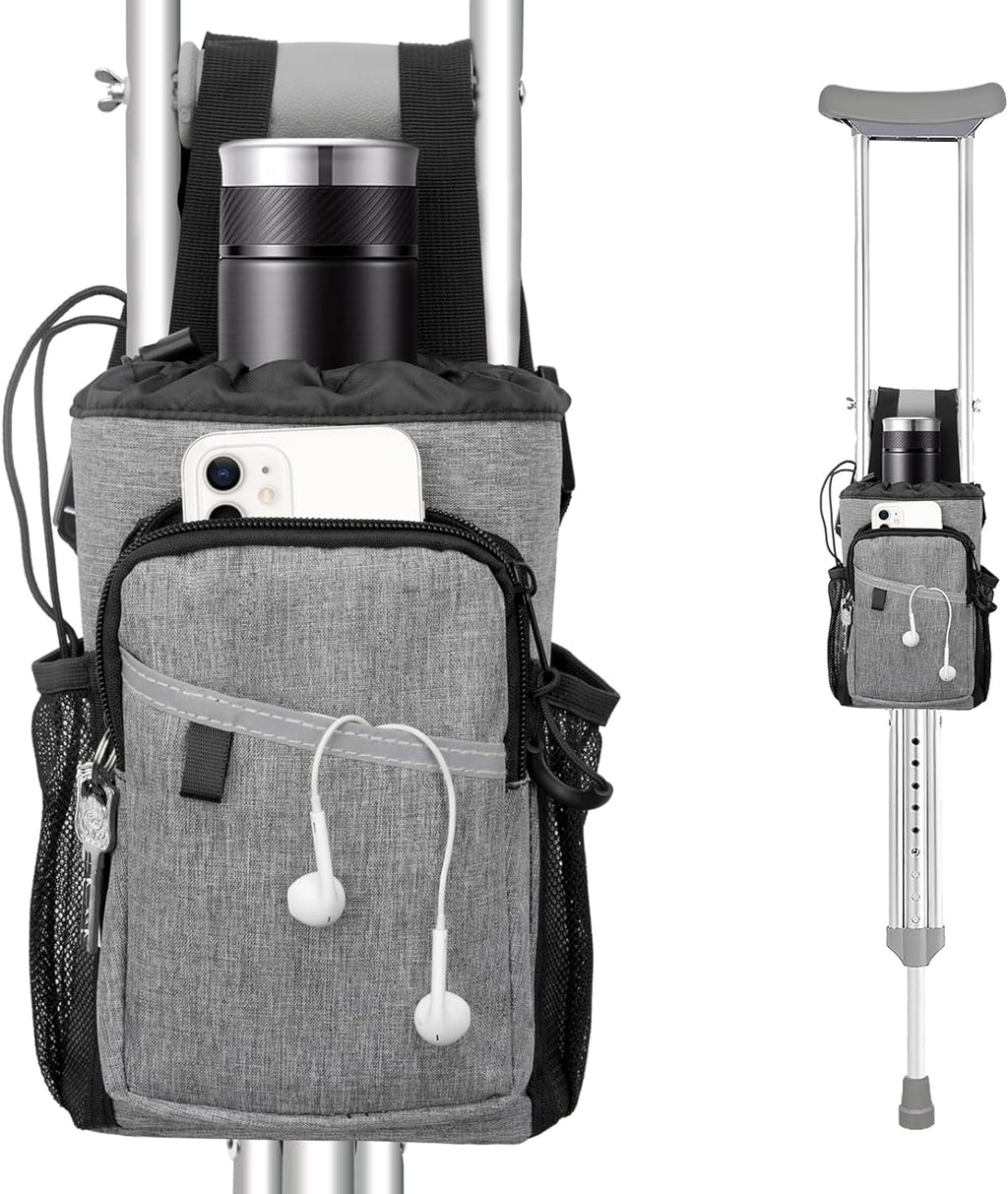 Crutch Accessories Bag Pouch, Water-Resistant Premium Zipper Pouch with Drink Holder, Lightweight Crutches Caddy Storage Tote Crutch Purse for Adults Men, Women