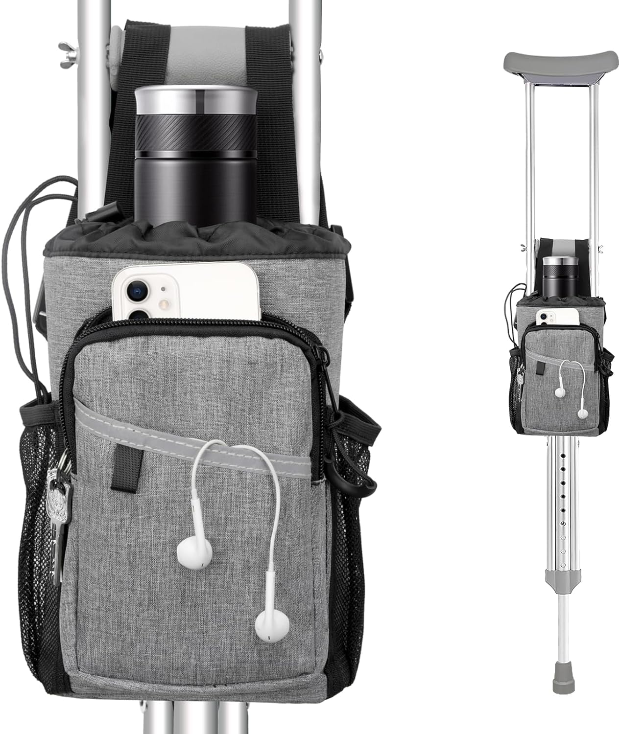 Crutch Accessories Bag Pouch, Water-Resistant Premium Zipper Pouch with Drink Holder, Lightweight Crutches Caddy Storage Tote Crutch Purse for Adults Men, Women