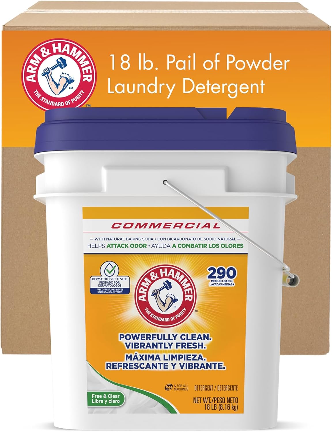Arm & Hammer Powder Laundry Detergent, Professional Soap for Washing Clothes, 290 Loads, Free and Clear, Bulk 18lb Pail
