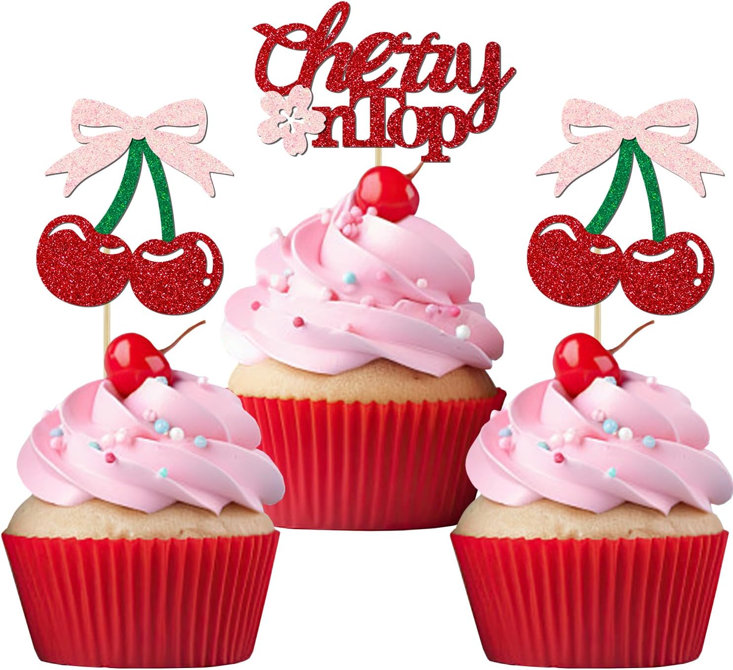 24 Pack She's the Cherry On Top Cupcake Toppers, Glitter Cherry Sweet Cake Pick for Fruits Theme Baby Shower and Bridal Shower Decorations Supplies (Top)