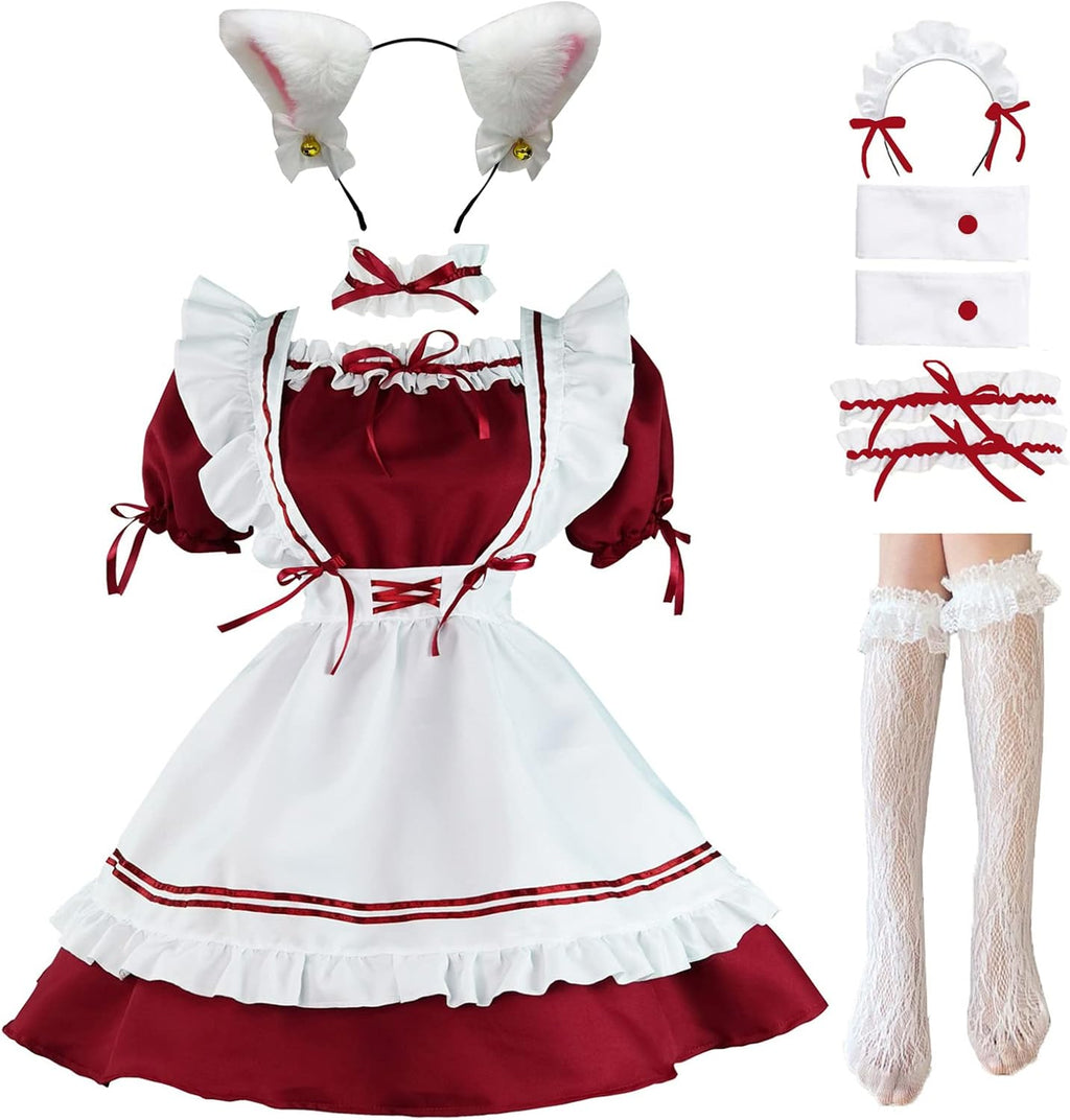 Maid Outfit Anime Cosplay Lolita Maid Dress French Maid Costume Plush cat ear Socks set